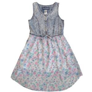 GUESS Girls Denim Chiffon Dress Size XL Casual Jean Blue Floral Dress Kid Core